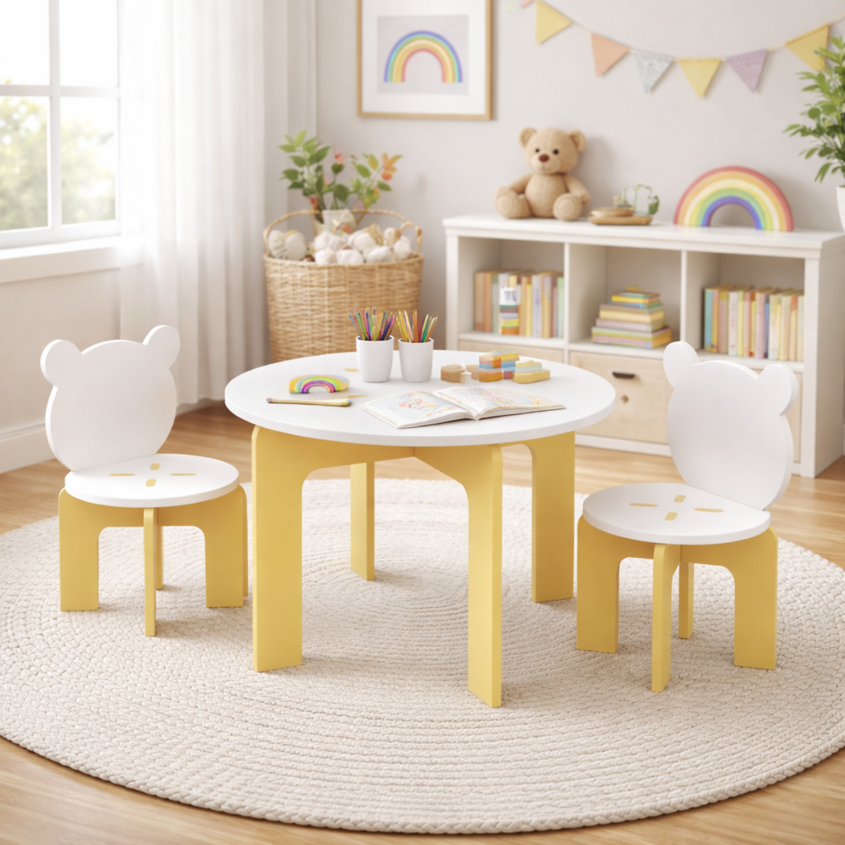 A children's play table set with a round white table and two matching white chairs with bear-shaped backs, styled in a bright, cozy nursery room.