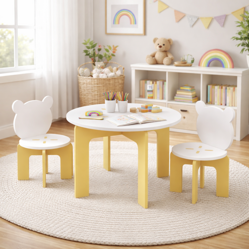 A children's play table set with a round white table and two matching white chairs with bear-shaped backs, styled in a bright, cozy nursery room.