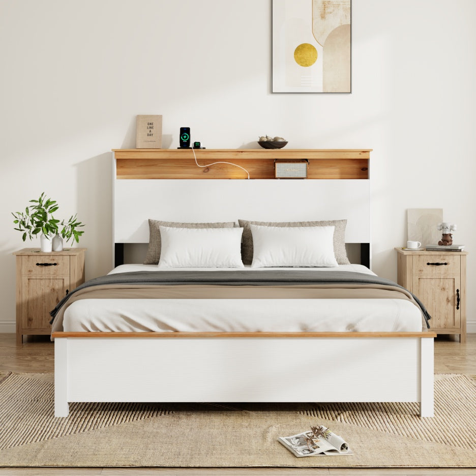 Farmhouse Storage Bed with LED Lighting & Charging Station – White