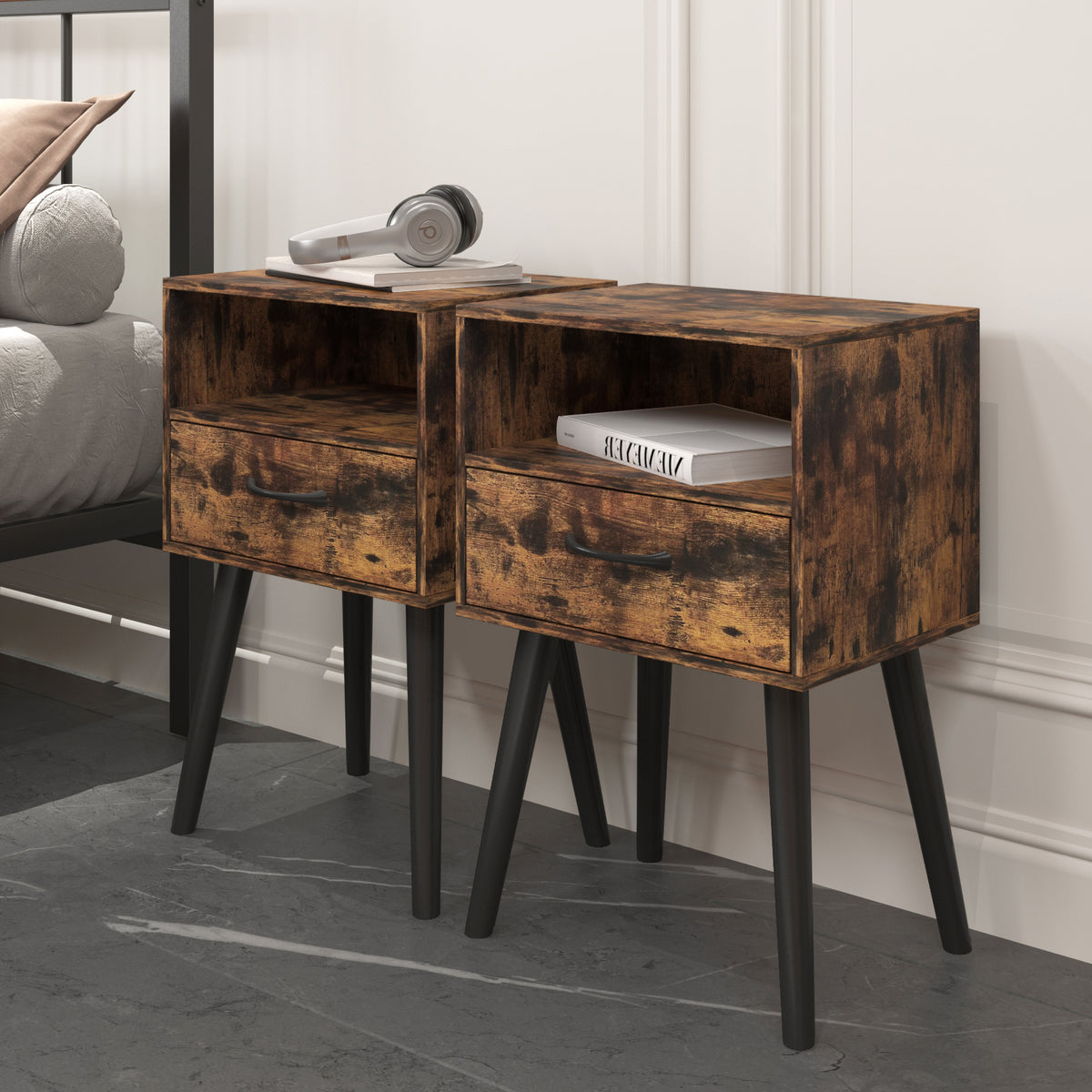 Set of 2 Rustic Brown Nightstands with Drawer & Open Shelf